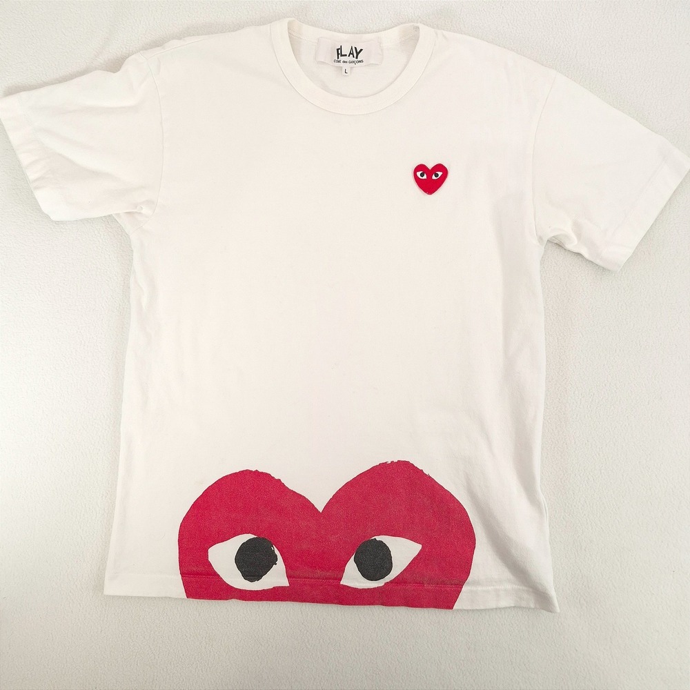 Comme des Garcons Play T-Shirt White Large Red Heart Logo Streetwear Japan Tee